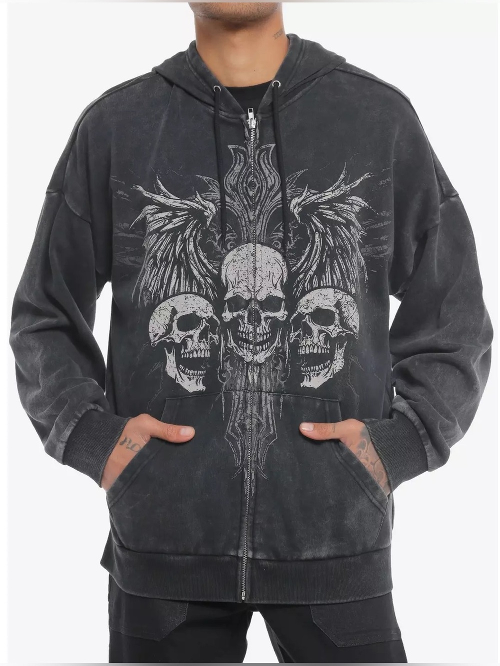 Social Collision Grey Triple Skull Wings Dark Wash Hoodie S Cybery2k Grunge Emo